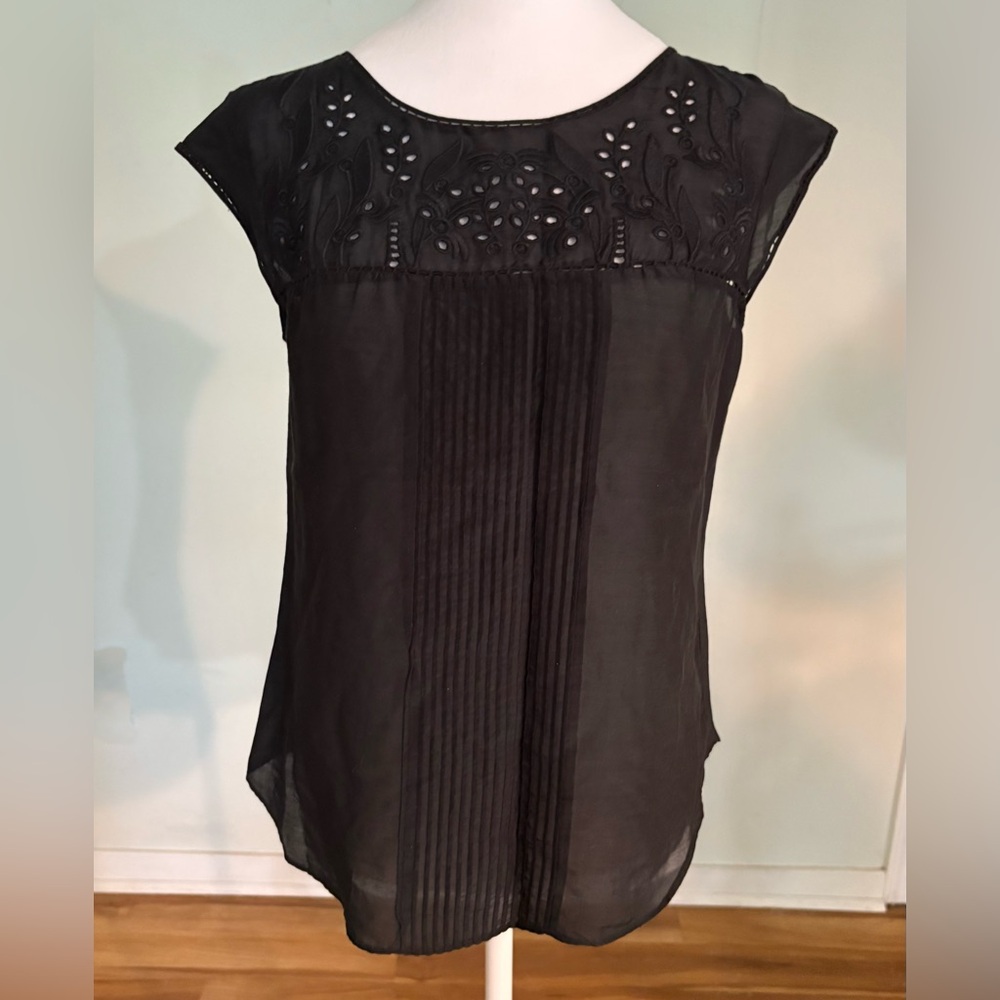 Ann Taylor, Black Sheer Embroidered Women's Top, Cotton/Silk, Size XS